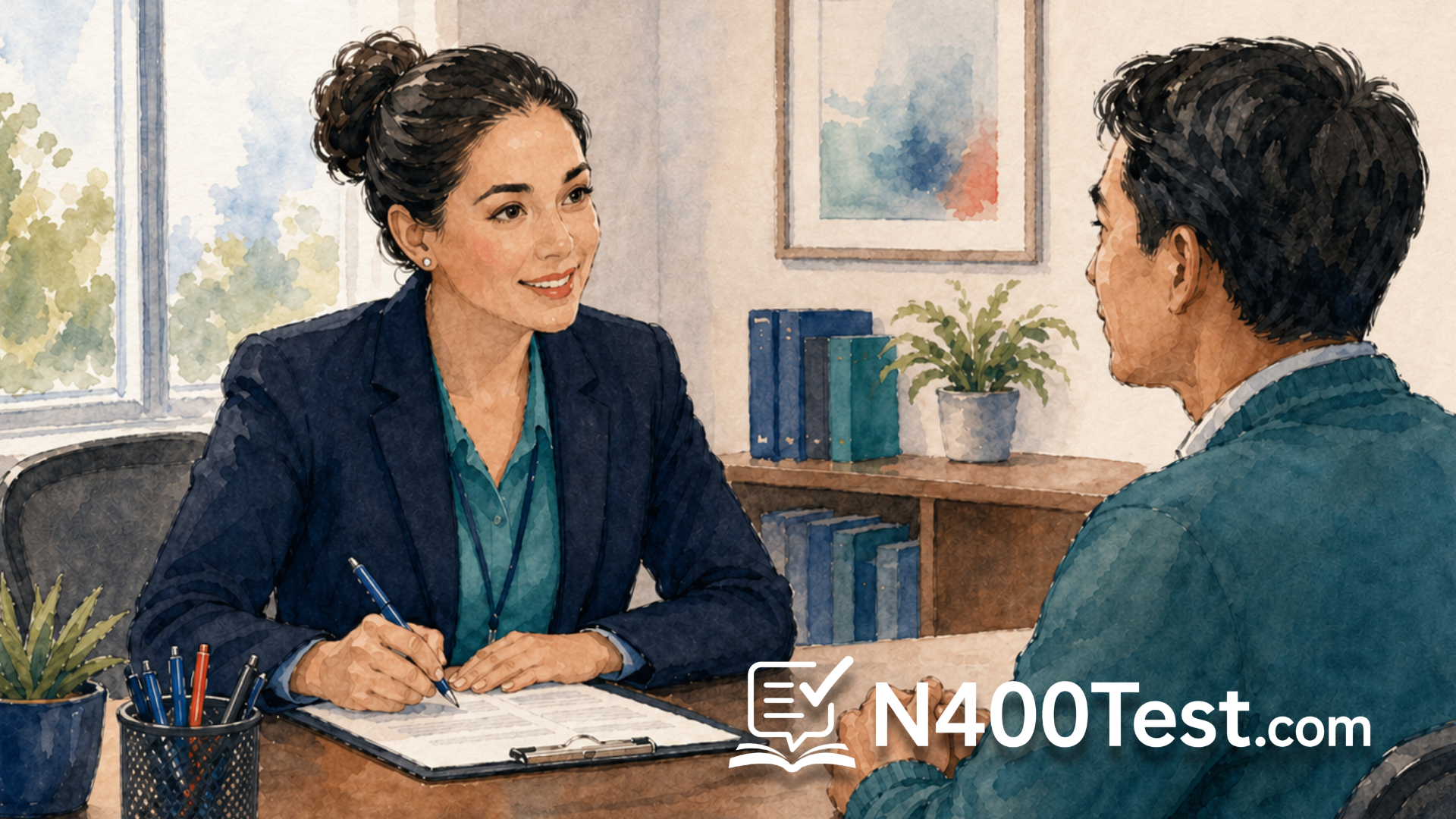 USCIS officer reviewing an N-400 application with an applicant