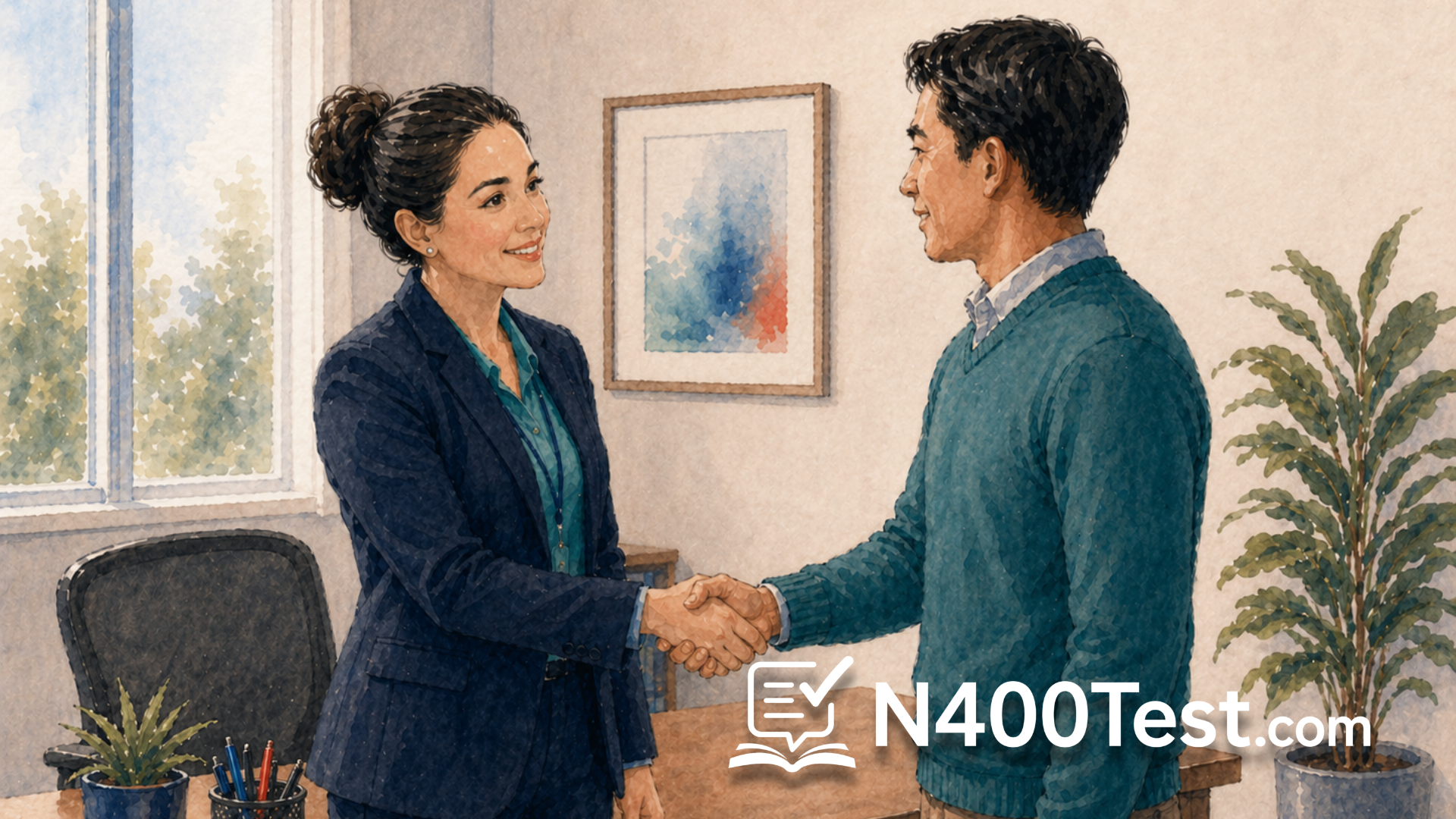 Applicant meeting with a USCIS officer at their naturalization interview