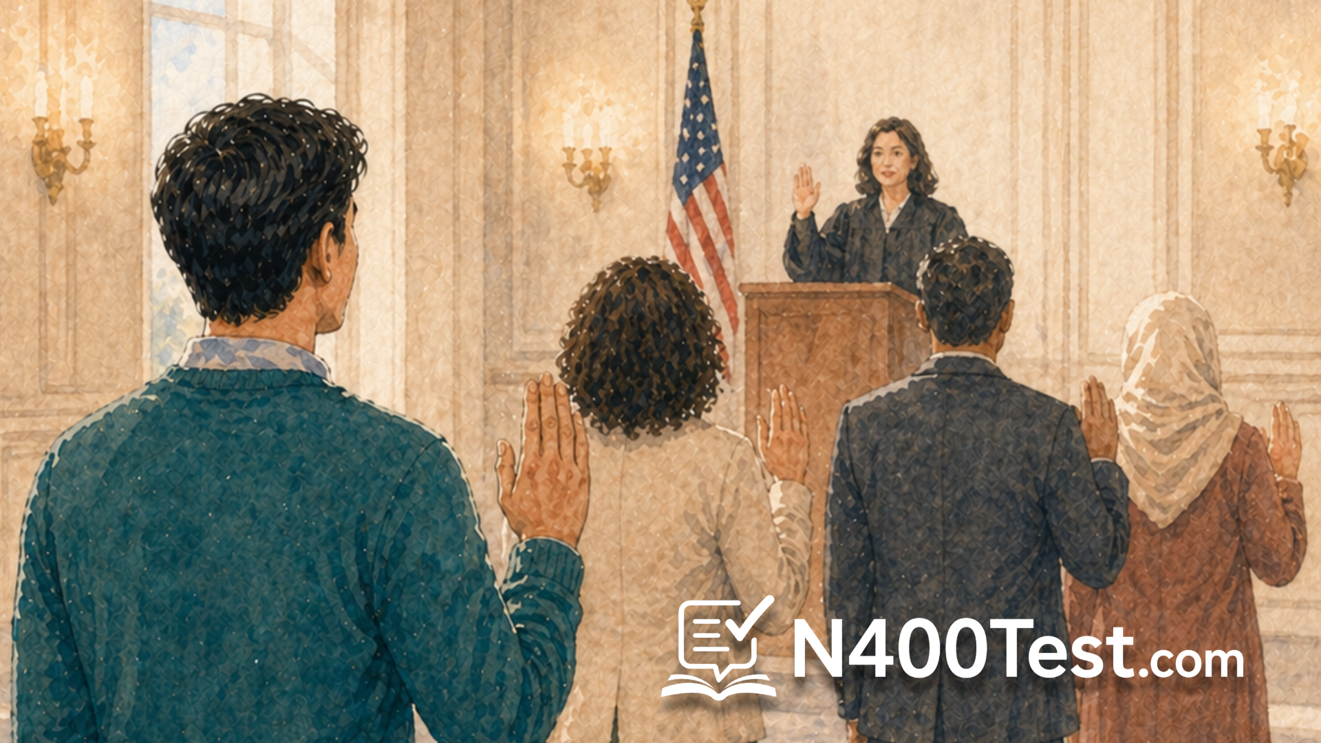 Diverse group of new citizens raising their right hands at an Oath of Allegiance ceremony